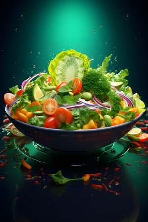 Fresh vegetable salad in bowl on dark background. Healthy food concept.の素材