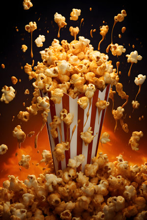 Popcorn in a striped box with flying popcorn. 3d renderingの素材