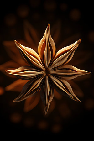 Star anise spice on black background, closeup. Christmas cardの素材