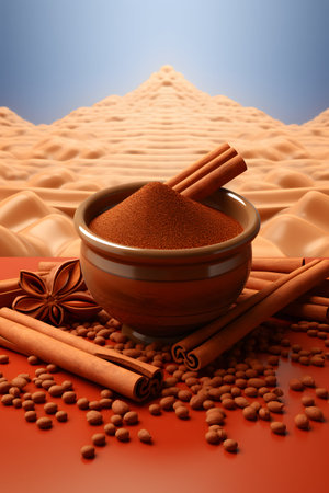 Coffee powder in a bowl with cinnamon sticks and aniseの素材