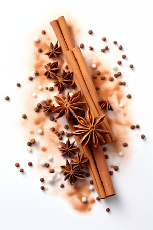 Cinnamon sticks, anise stars and coffee beans on white backgroundの素材