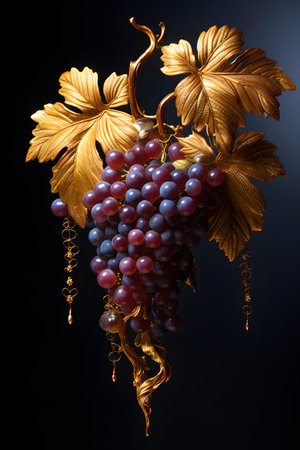 bunch of grapes with gold ornament on black background. studio shotの素材