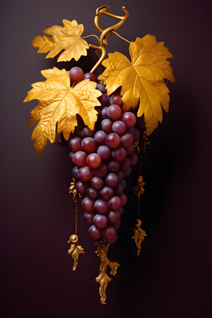 Grapes and golden leaves on a dark background. 3d renderingの素材