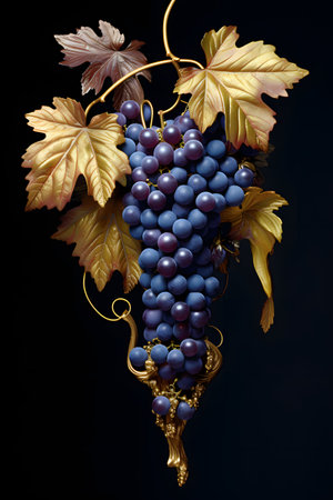 bunch of grapes with autumn leaves on black background, closeupの素材