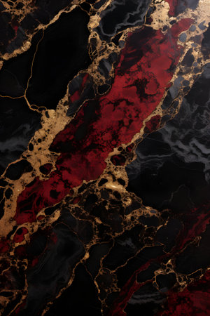 Marble patterned background for design. Golden, black and red.の素材