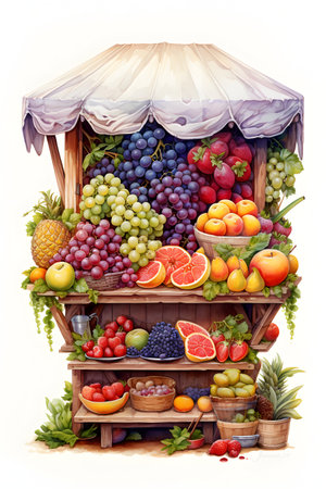 Fruits and vegetables on a shelf isolated on a white background.の素材