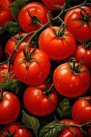 Seamless pattern of ripe red tomatoes on a black background.の素材