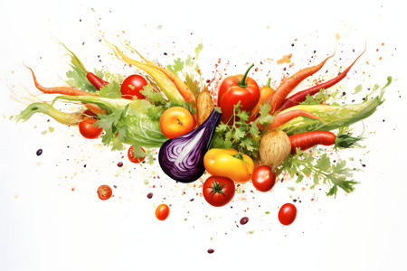 Fresh vegetables with watercolor splashes isolated on a white background.の素材