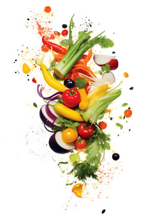 Fresh vegetables with watercolor splashes isolated on a white background.の素材