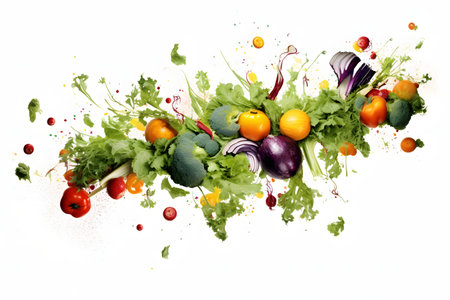 Vegetables and fruits with watercolor splashes on white backgroundの素材