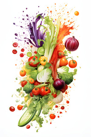 Vegetables with paint splashes isolated on a white background.の素材