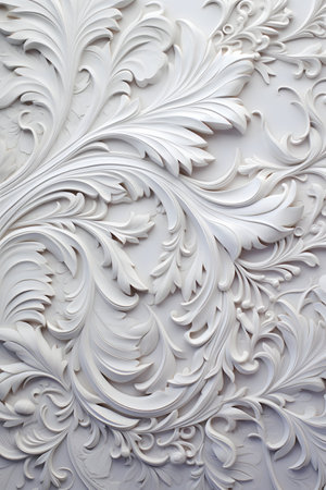 Decorative element in the form of carved white flowers and leaves.の素材