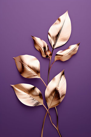 3d render of golden leaves on purple background. Floral designの素材