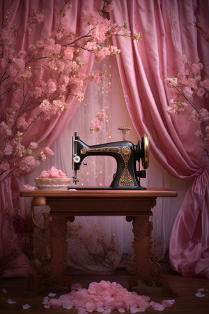 Sewing machine and pink flowers on a background of curtains.の素材
