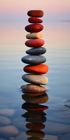 Pyramid of pebbles in the water at sunset. Zen conceptの素材