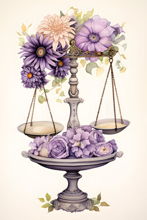 Vintage balance scale with purple flowers. Hand drawn vector illustration.の素材