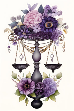 Vintage chandelier with purple flowers and geometrical elementsの素材