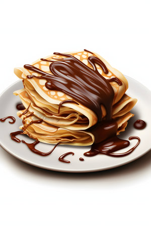Stack of pancakes with chocolate syrup on a plate isolated on white backgroundの素材