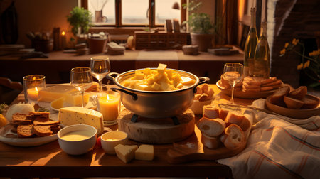 Cheese fondue on a wooden table in a luxury hotel roomの素材