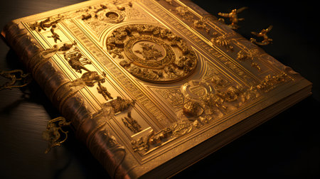 Old book with golden ornament on a dark background, close-upの素材