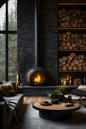 Interior of modern living room with black brick walls, concrete floor, gray sofa and fireplace with burning candles. 3d renderingの素材