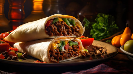 Tortilla wrap with meat, vegetables and cheese. Mexican cuisine.の素材
