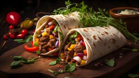 Tortilla wrap with beef, vegetables and herbs on wooden boardの素材
