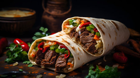 Traditional Mexican burrito with beef, rice and vegetables on dark backgroundの素材