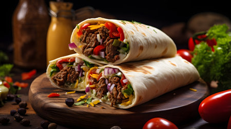 Tortilla wrap with meat, vegetables and sauce on wooden backgroundの素材