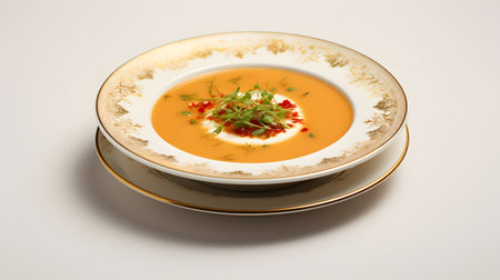 Pumpkin soup with parsley and chili pepper on white backgroundの素材