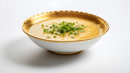 A bowl of pumpkin soup garnished with parsley on a white backgroundの素材