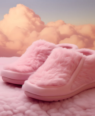 Pink soft slippers on a background of clouds. 3d renderの素材