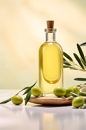 Extra virgin olive oil in a glass bottle with olives and olive branch on a light backgroundの素材