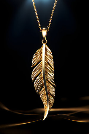 Golden pendant with feather on black background. 3D illustration.の素材