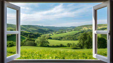 View from the window on a green meadow and blue sky with cloudsの素材
