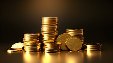 3d rendering of golden coins stack over dark background with copy spaceの素材