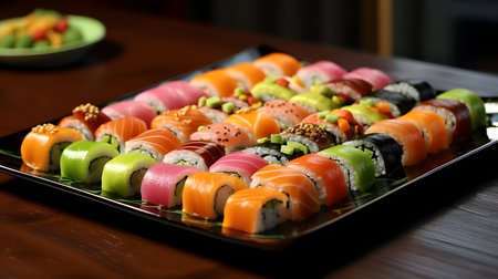 Sushi rolls on a black plate in a restaurant, close-upの素材