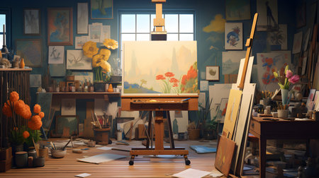 Painting room with flowers and easel. 3d render.の素材