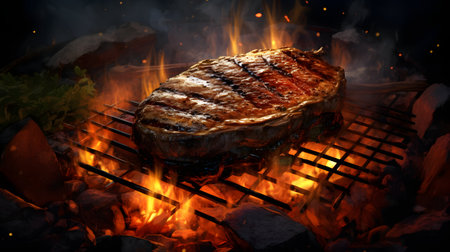 Grilled steak on a barbecue grill with flames and smoke in the backgroundの素材