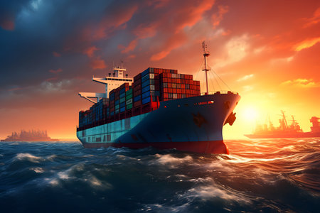 Cargo ship in the sea at sunset. 3D rendering.の素材
