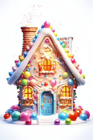 Gingerbread house decorated with colorful candies on white background.の素材