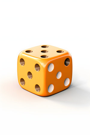 3d rendering of orange dice on white background with shadow, isolatedの素材
