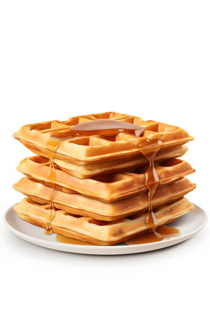 Stack of homemade Belgian waffles with maple syrup on a white backgroundの素材