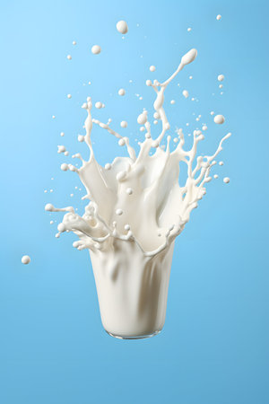 Splash of milk in glass on blue background. 3d renderingの素材