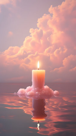 Burning candle in the sea on a background of clouds and skyの素材