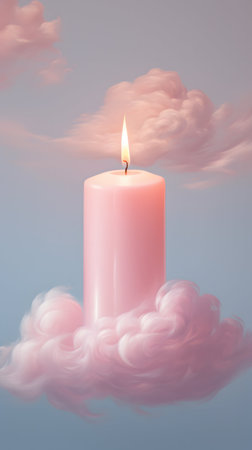 Burning pink candle with clouds in the background, 3d illustrationの素材