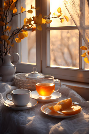 Cup of tea and orange on the windowsill in the morningの素材