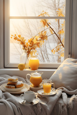 Breakfast with coffee and orange juice on the windowsill in the morningの素材