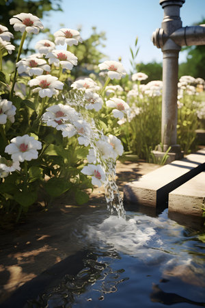 White flowers in the garden with a fountain on the background of blue skyの素材