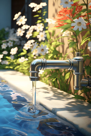 Water flows from a faucet into a swimming pool with flowersの素材